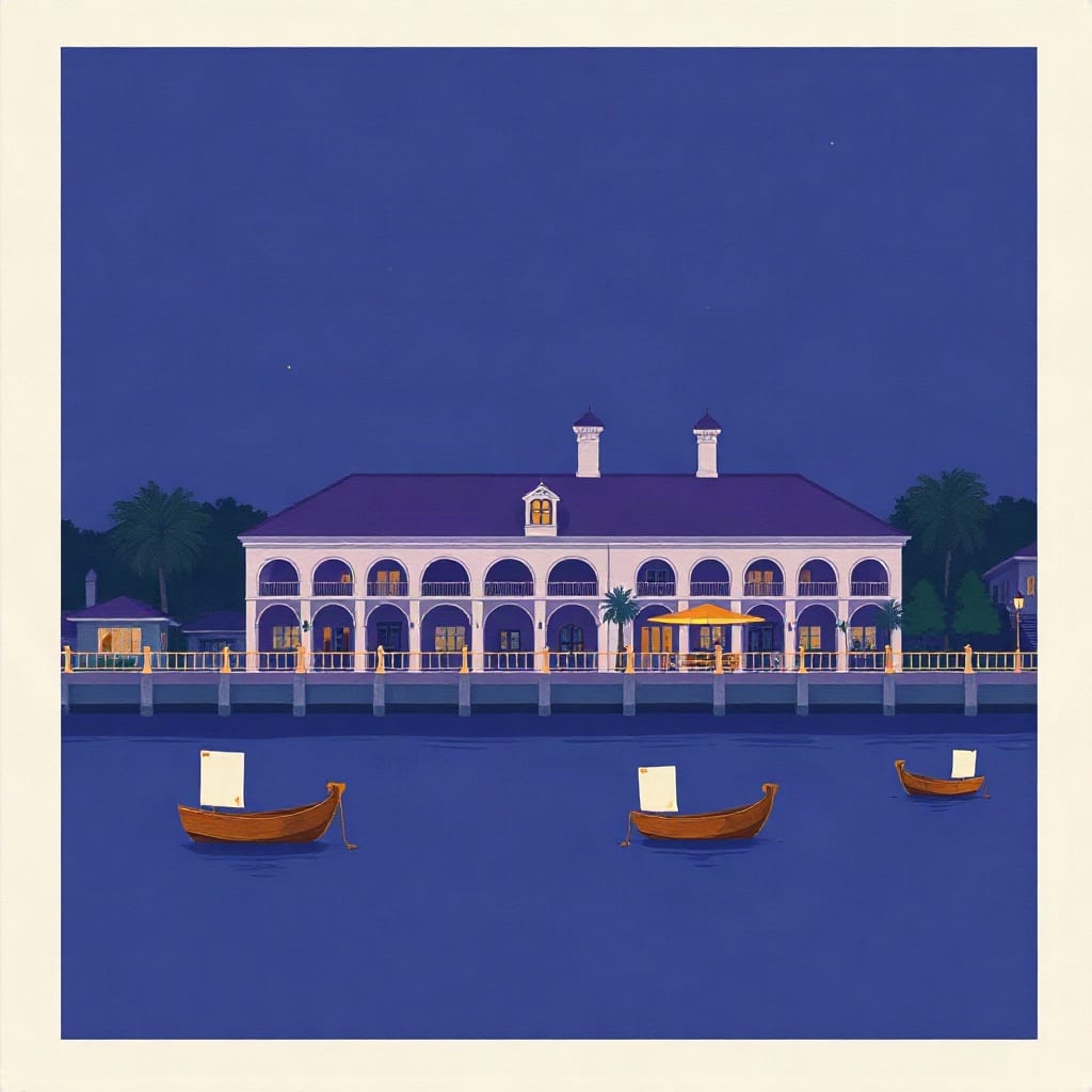 A low arched resort building beside the water at dusk, small wooden abras moored in front of it