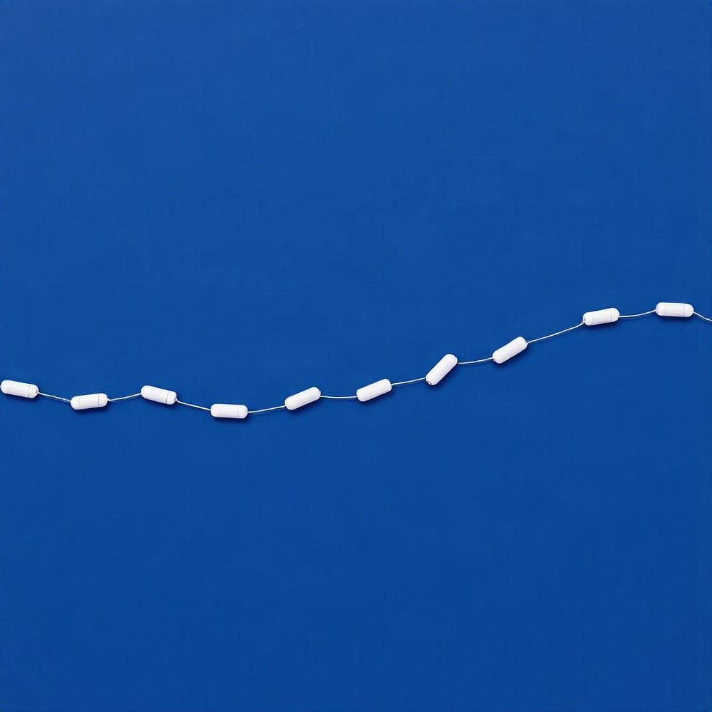 A chain of small pale lilac paper capsules on a thin curving track across an indigo ground