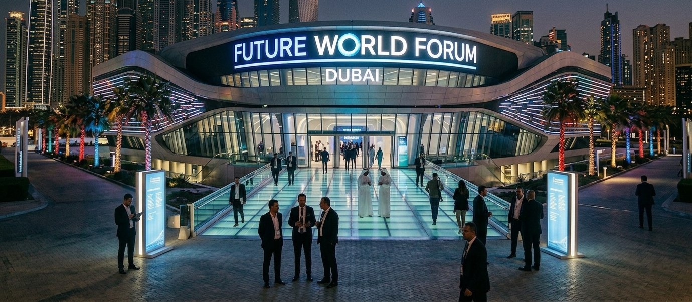 A conference venue at dusk under a Dubai skyline, its facade lit with the words Future World Forum Dubai